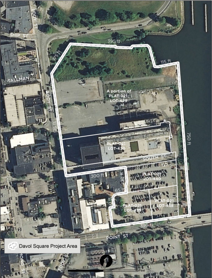 PROVIDENCE, BROWN UNIVERSITY and the state have reached a tax stabilization deal that encompasses the proposed South Street Landing project that would transform the empty South Street power station property and environs along the Providence River (encircled in white) into an academic nursing center, administrative offices and student housing, along with other commercial uses. / COURTESY CITY OF PROVIDENCE