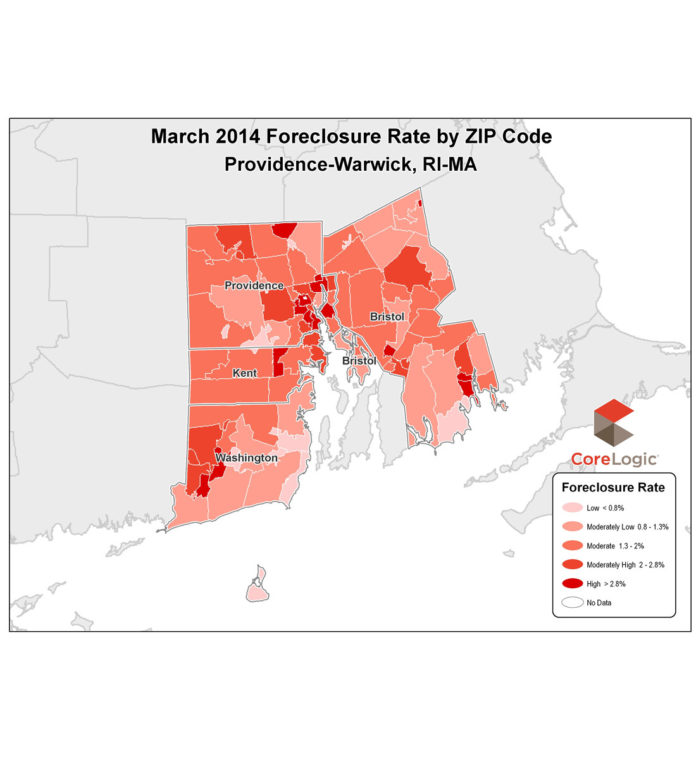 THE FORECLOSURE RATE in the Providence-Warwick metro area came in at 1.82 percent in March, dropping from the 2.89 percent rate reported in March 2013. The metro area foreclosure rate came in below the national average in March for a second consecutive month. / COURTESY CORELOGIC
