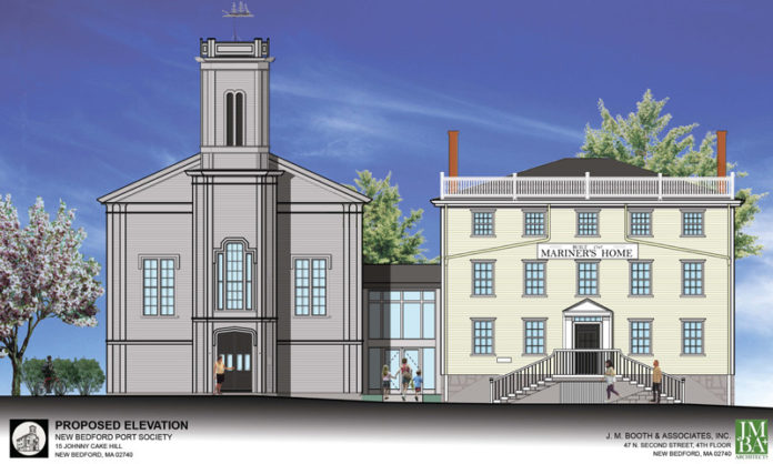 RICH HISTORY: A rendering of a $2 million addition for a fishing museum connecting the Seaman’s Bethel, left, and the Mariner’s Home, is proposed in New Bedford. / COURTESY JM BOOTH & ASSOCIATES