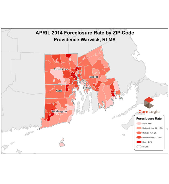 THE FORECLOSURE RATE in the Providence-Warwick metro area came in at 1.78 percent in April, dropping from the 2.54 percent rate reported in April 2013. / COURTESY CORELOGIC