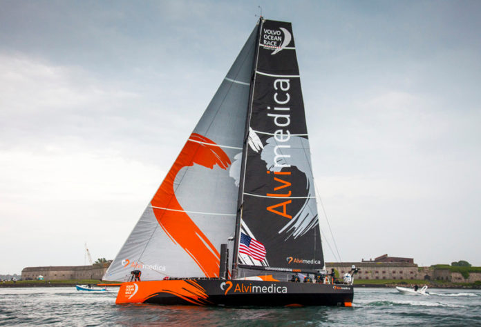 FULL SAIL: Team Alvimedica’s vessel arrives in Newport in June. Having Charlie Enright of Bristol on Team Alvimedica as the hometown American in the race has added to the local attraction, according to Sail Newport’s Brad Read. / COURTESY TEAM ALVIMEDICA