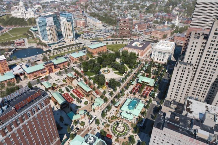 PROVIDENCE WILL KICK OFF the $1.7 million renovation of Kennedy Plaza next week with an official groundbreaking. Above, an aerial rendering of the project. / COURTESY UNION STUDIO ARCHITECTS