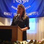 Leigh A. Reposa, manager of a Rhode Island youth suicide prevention program, accepts the 2014 Robert S. Burgess Community Service Award on June 25 at the Rhode Island Shriners-Imperial Room at One Rhodes Place in Cranston. / COURTESY CHRISTINE BANDONI