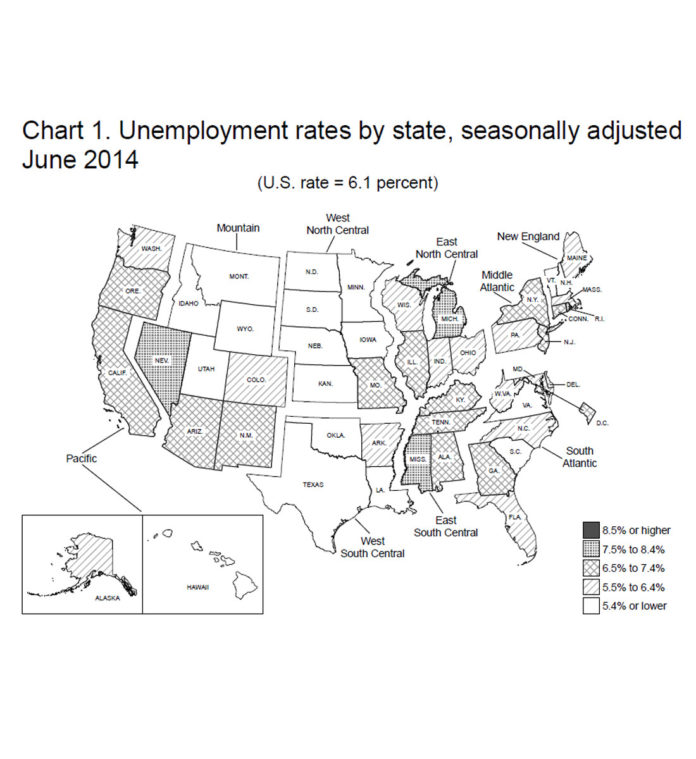 RHODE ISLAND'S JUNE unemployment rate of 7.9 percent tied with Mississippi as the highest rate in the country. In Massachusetts, the unemployment rate fell to 5.5 percent in June, seasonally adjusted. / COURTESY U.S. BUREAU OF LABOR STATISTICS