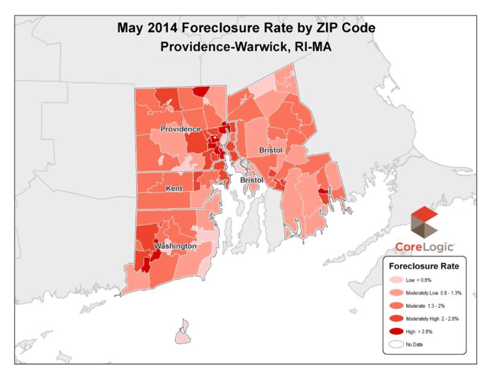 THE FORECLOSURE RATE in the Providence-Warwick metro area came in at 1.77 percent in May, dropping from the 2.47 percent rate reported in May 2013. / COURTESY CORELOGIC