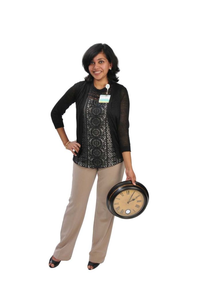 THE PROP: Dr. Nadia Mujahid keeps a clock handy to remind her to use her time wisely.