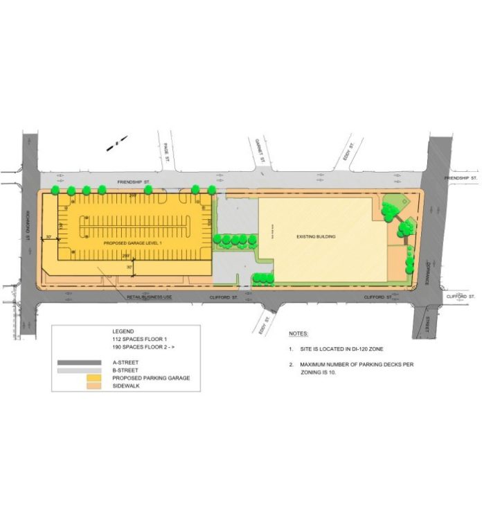 THE REDEVELOPMENT OF the Garrahy Judicial Complex parking lot into a 1,250-space parking garage cannot go forward until any three developable plots on the former Interstate-195 land known as The Link sell. Above, a layout of the proposed garage drafted by Fuss & O'neill. / COURTESY FUSS & O'NEILL