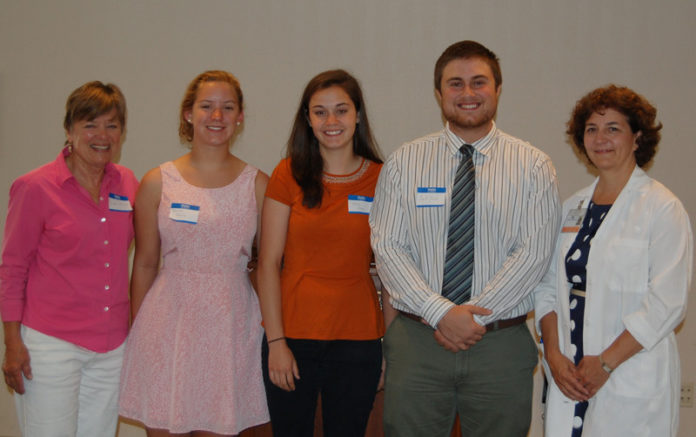 FROM LEFT: Linda Philips, chairman of the Westerly Hospital Auxiliary Scholarship Committee, with scholarship recipients Danielle Gilluly, Emily Grey and David Turco, as well as Lauren Williams, Lawrence + Memorial Hospital’s vice president of patient care services and chief nursing officer.