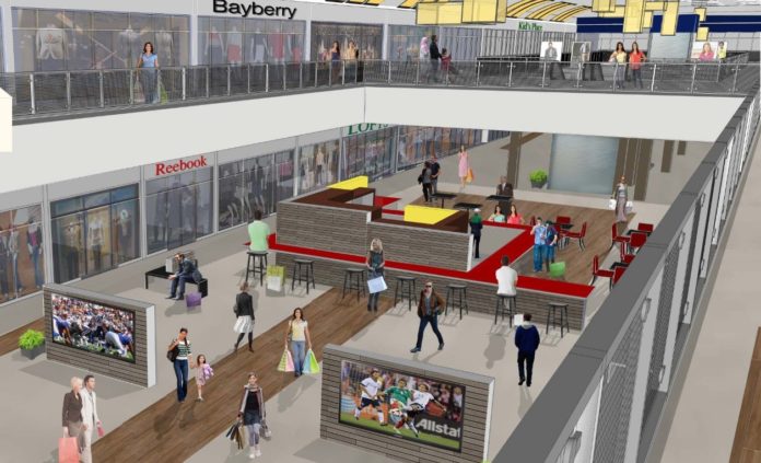 A CONCEPTUAL RENDERING shows what the Rhode Island Mall in Warwick might look like after it has been converted into a factory outlet center. Property owners Winstanley Enterprises LLC and Surrey Equities LLC plan to open Outlets at Rhode Island Mall in the fall of next year. / COURTESY WINSTANLEY ENTERPRISES LLC AND SURREY EQUITIES LLC