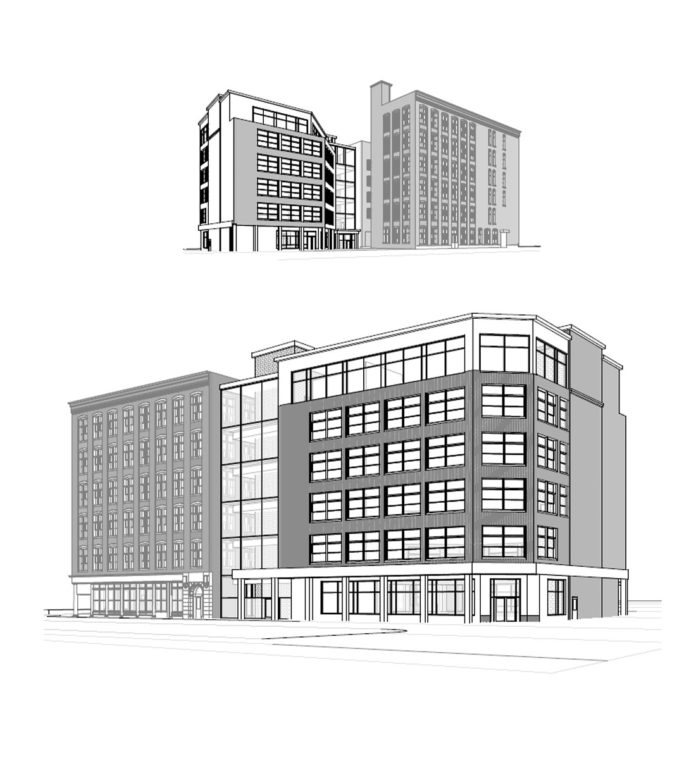 A DRAWING SUBMITTED with Hecht Development LLC's parking lot proposal for Parcel 30 of The Link land shows what an expansion of the 95 Chestnut building could look like if it were redeveloped as an office building with ground-level retail. The I-195 Redevelopment District Commission rejected the Hecht proposal along with two others. / COURTESY HECHT DEVELOPMENT LLC