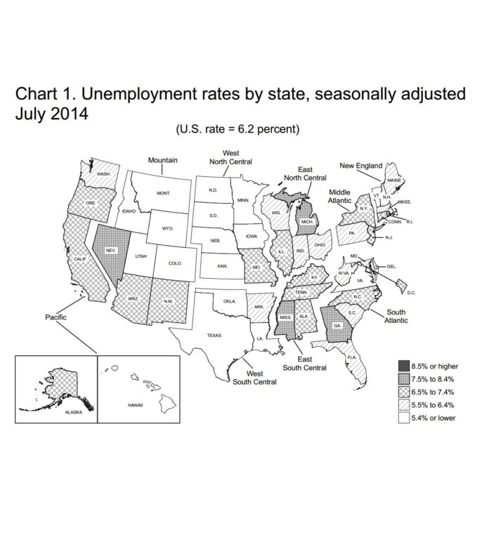 RHODE ISLAND'S JULY unemployment rate of 7.7 percent was the third-highest in the country, tied with Nevada and Michigan. July was the first time since October 2013 that Rhode Island did not rank as the state with the highest jobless rate in the U.S. / COURTESY U.S. BUREAU OF LABOR STATISTICS