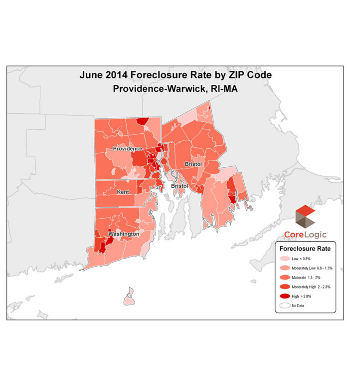 THE FORECLOSURE RATE in the Providence-Warwick metro area came in at 1.78 percent in May, dropping from the 2.35 percent rate reported in June 2013. / COURTESY CORELOGIC