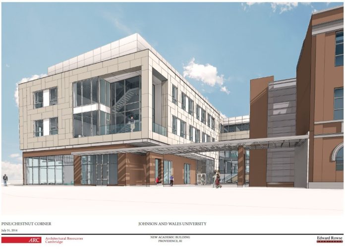 A NEW $40 MILLION, 60,000-SQUARE-FOOT academic building is being planned by Johnson & Wales University at the corner of Pine and Chestnut streets in Providence's Jewelry District. Construction is expected to begin in April. / COURTESY JOHNSON & WALES UNIVERSITY