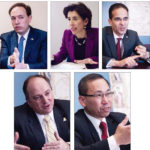 Issues that divide the candidates DEMOCRATIC CANDIDATES for governor, top from left to right, Clay Pell, General Treasurer Gina Raimondo, Providence Mayor Angel Taveras; Republican candidates for governor, bottom from left to right. Ken Block and Cranston Mayor Allan Fung will compete in the Sept. 9 primary. / PBN FILE PHOTOS/MICHAEL SALERNO AND JAIME LOWE