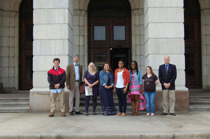 MUSE students and faculty from Rogers High School and MUSE Coordinator Peter Dickison, second from left, toured the Rhode Island Statehouse this past spring.