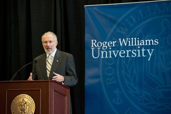 ROGER WILLIAMS UNIVERSITY President Donald J. Farish announces the school's Affordable Excellence initiative, an effort to address the increasing tuition costs and high debt that plague college students. / COURTESY ROGER WILLIAMS UNIVERSITY