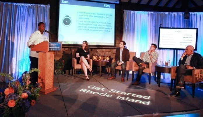 MAKING HIS PITCH to the panel of judges at the second Get Started Rhode Island business pitch event is eventual winner Julius Searight, whose idea for a socially conscious food truck won him $10,000 in goods and services from Cox Business. Moderating the event was Maria Aspan, senior editor at Inc.com, with judges, from left, Josh Linkner, a venture capitalist, Nick Kishfy, founder of local app developer MojoTech, and social marketing strategiest Ted Rubin. / COURTESY COX BUSINESS