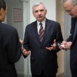 R.I. SEN. JACK REED, center, introduced a bill this week that would add the New York Fed chief to the list of central bank officials who must be nominated by the president and confirmed by the Senate. / BLOOMBERG NEWS PHOTO/ANDREW HARRER
