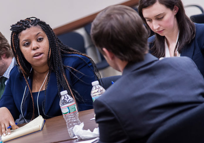 TRIAL RUN: Stesha Emmanuel, left, attorney for LeClairRyan of Boston, 