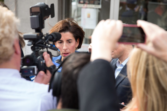 GOV.-ELECT GINA M. RAIMONDO meets the public and the press on Federal Hill after her election. She has chosen Stephen S. Neuman to be her chief of staff. / PBN FILE PHOTO/DAVID LEVESQUE