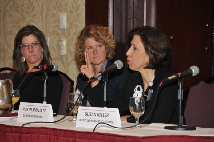 LEADERSHIP IN ACTION: Panelists at the Providence Business News summit on Women Leadership & Entrepreneurship, from left: Jessica Granatiero, proprietor of The Savory Grape Wine Shop and The Savory Affair Event Planning & Design; Ann-Marie Harrington, president of Embolden; and Robyn Smalletz, owner of Gloria Duchin Inc. / PBN PHOTO/MICHAEL SKORSKI