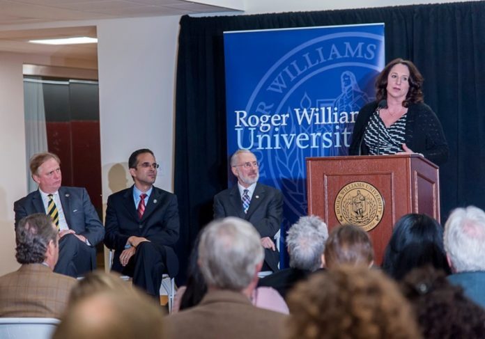 CONTINUING ED: From left: Providence Economic Development Director James Bennett, Mayor Angel Taveras, Roger Williams University President Donald J. Farish and RWU Continuing Studies Dean Jamie Scurry at an event announcing the school’s planned Providence expansion. / PBN PHOTO/MICHAEL SALERNO