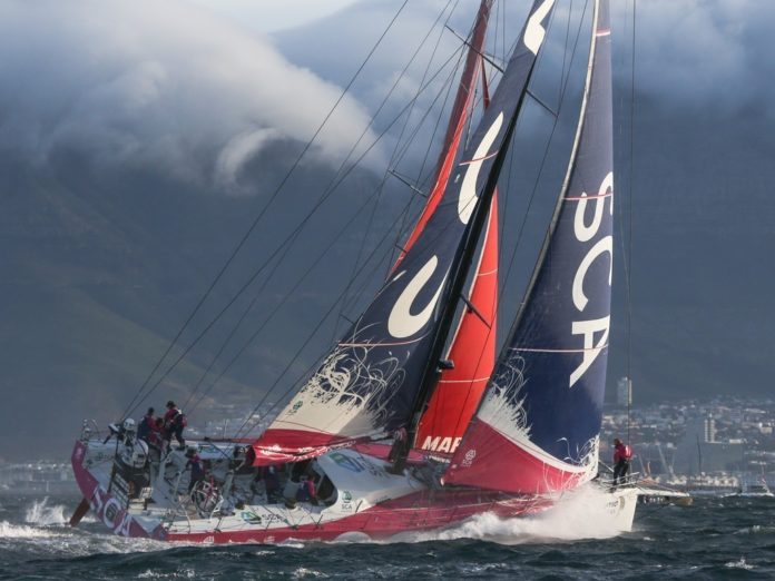 STRONG WINDS: The SCA team battles rough conditions in the Volvo Ocean Race this past November near Cape Town, South Africa. / COURTESY VOLVO OCEAN RACE/CHARLIE SHOEMAKER