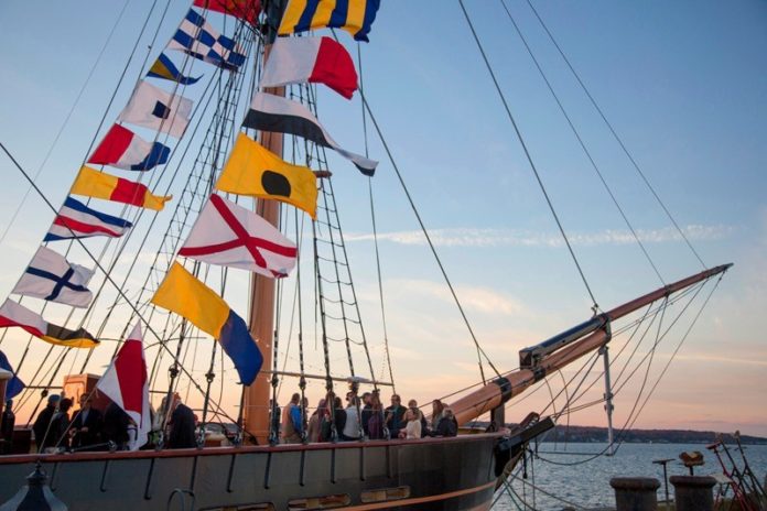 SAIL MOVES: A reception onboard the SSV Oliver Hazard Perry in late September 2014. More than 58 companies to date have participated in the construction of the tall ship, which will begin its programs in the spring. / COURTESY MEDIA PRO INTERNATIONAL