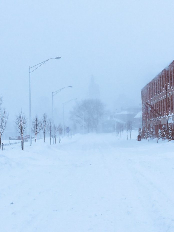 A VIEW FROM South Main Street in Providence during the blizzard on Tuesday. In the background, the 