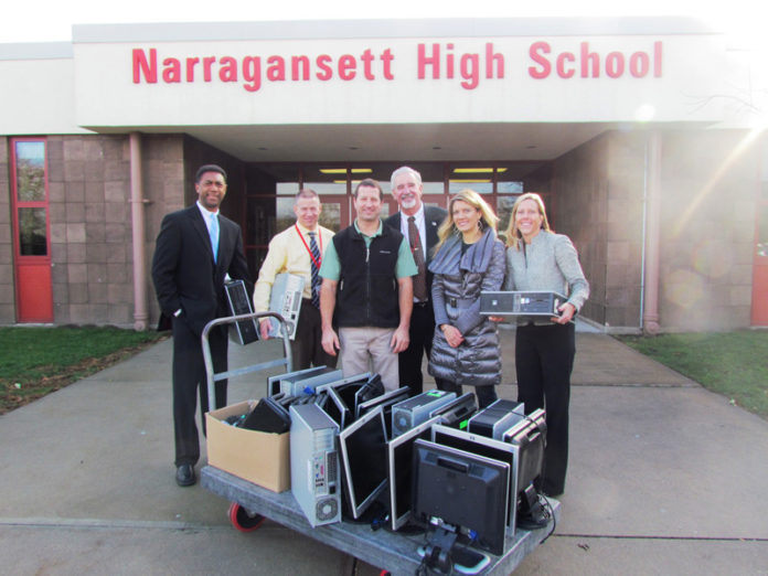 FROM LEFT: Daron McIntyre, an IT consultant with Free Geek, DMAC Technology Group and Community Nerd; Steve Pinch, director of guidance at Narragansett High School; Derek Emery, technology coordinator at Narragansett School System; Dan Warner, principal at Narragansett High School; Tonia Durfee of the E. Richard Durfee Scholarship Fund; and Leslie Brow, director of student services at Narragansett High School.