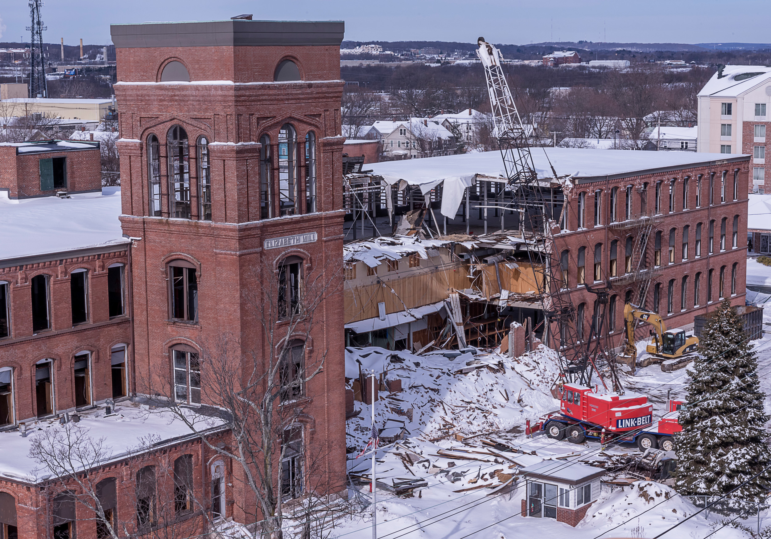 AFTER FINDING IT NOT FEASIBLE to redevelop the Elizabeth Mill in Warwick near T.F. Green Airport, Michael Integlia & Company began demolition of the 19th-century structure to make room for a 300,000-square-foot mixed-use building. / PBN PHOTO/ MICHAEL SALERNO