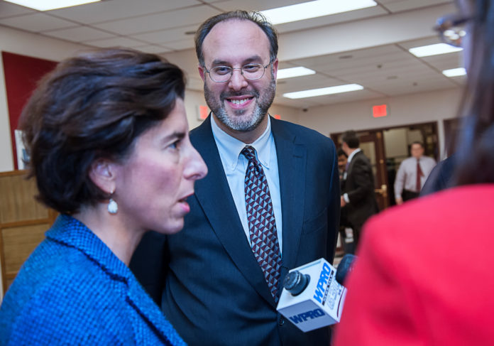 STEFAN PRYOR, center, the newly confirmed commerce secretary, has announced two new appointments for the R.I. Commerce Corporation, as Gov. Gina M. Raimondo, left, prepared the introduction for her first budget to the General Assembly with the next month. / PBN FILE PHOTO/MICHAEL SALERNO