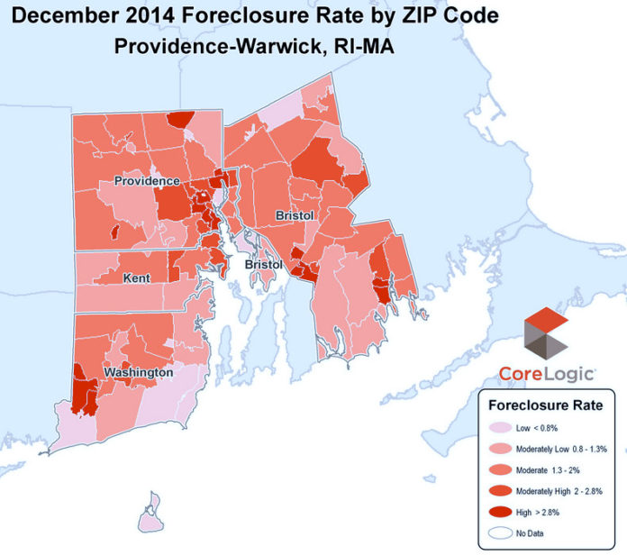 FORECLOSURE RATES declined in the Providence-Warwick metropolitan area in December compared with a year ago, according to data released Thursday by CoreLogic. / COURTESY CORELOGIC