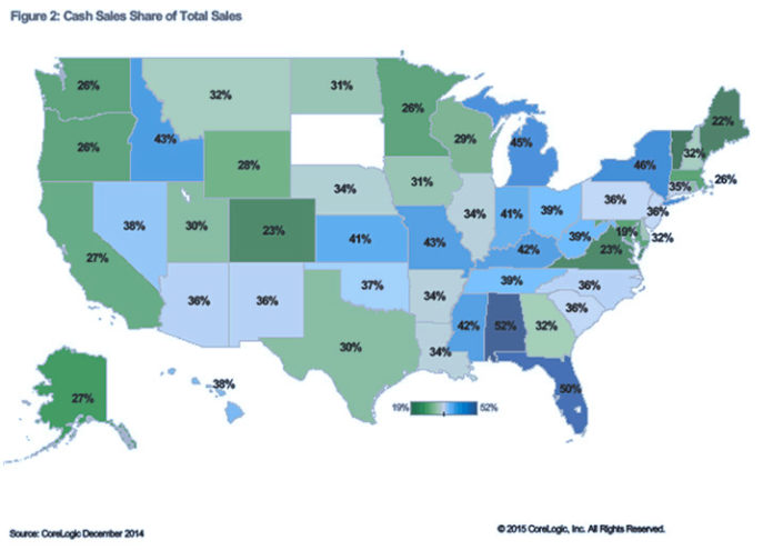 CASH SALES made up 30.3 percent of total home sales in Rhode Island in December, a 1.8 percent increase compared with the 29.7 percent share reported in December 2013, according to CoreLogic. Cash sales were highest in Alabama at 52.2 percent. / COURTESY CORELOGIC
