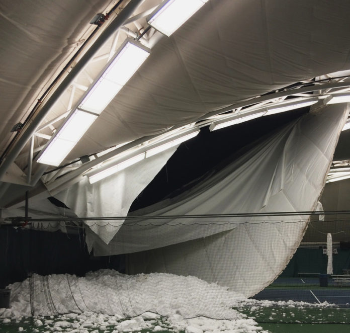 CLEAN-UP WORK: The interior of the Pizzitola Sports Center at Brown University following this winter's roof collapse. / COURTESY BROWN UNIVERSITY