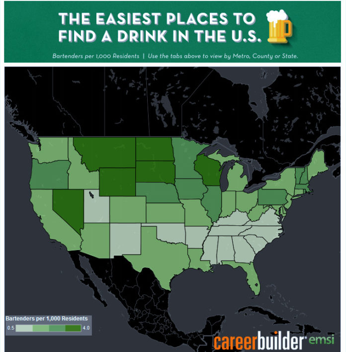 CAREERBUILDER, in an analysis of cities, states and counties with the most bartenders per capita, said that Rhode Island has 2.6 bartenders per 1,000 people, while the Providence-Warwick metropolitan area, which includes Fall River, Mass., ranked 10th among metros with 2.5 bartenders per 1,000 people. / COURTESY CAREERBUILDER