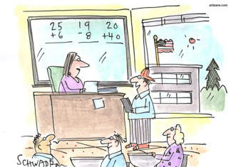 Editorial Cartoon: New math? A school teacher looks surprised when her student asks, "Adding and subtracting are nice, Ms. Frutig, but when will we learn how to hack?" / By Harley Schwardron / www.artizans.com