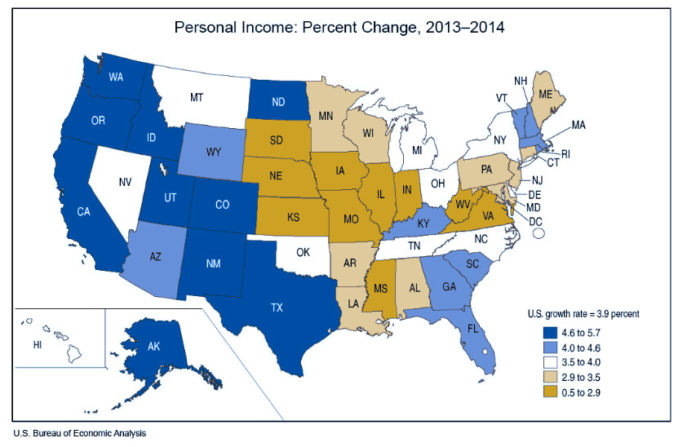 RHODE ISLAND'S personal income grew 4.3 percent in 2014 from 2013, according to the U.S. Bureau of Economic Analysis. / COURTESY U.S. BUREAU OF ECONOMIC ANALYSIS