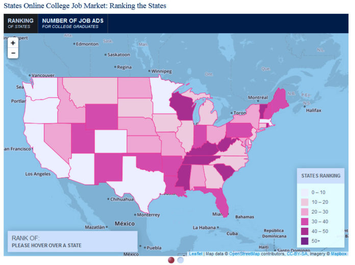 COLLEGE GRADUATES searching for a job online will have better prospects in Massachusetts than in Rhode Island, according to a recent report from the Georgetown University Center on Education and the Workforce. / COURTESY GEORGETOWN UNIVERSITY CENTER ON EDUCATION AND THE WORKFORCE