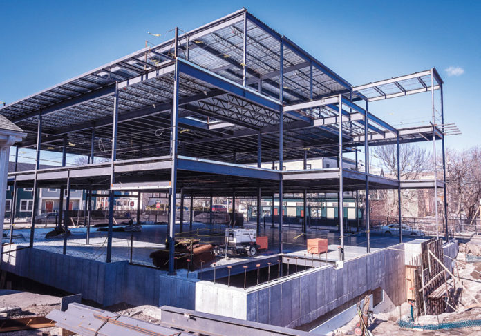 AMOS HOUSE Community Center in Providence is seen under construction. According to the Associated General Contractors of America, construction jobs grew 1 percent year over year in March in the Providence-Warwick-Fall River metropolitan area. / PBN FILE PHOTO/ MICHAEL SALERNO