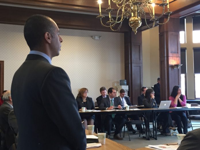 PROVIDENCE MAYOR JORGE O. Elorza addresses the Steering Committee on Thursday. The committee will assist an economic consulting firm in conducting research for the city. He asked the committee to imagine what could be accomplished if everyone pulls together. / PBN PHOTO/ELI SHERMAN