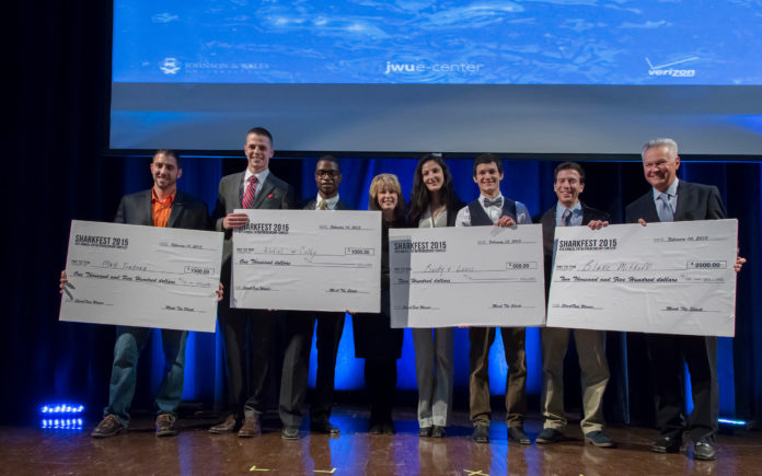 WINNERS OF SharkFest 2015, the entrepreneurial contest recently held at Johnson & Wales University, are shown from left:  second place winner Matt Tortora, Providence campus; third place winners Colby Fraser and Abdiel Elou, Providence campus; JWU Providence Campus president and chief operating officer Mim L. Runey; People's Choice Award winners Becky Giambarresi and Luis Rivera, Providence campus; first place winner Blake Mitkoff, Charlotte campus; and JWU Chancellor John J. Bowen. / COURTESY STEVE SOPER