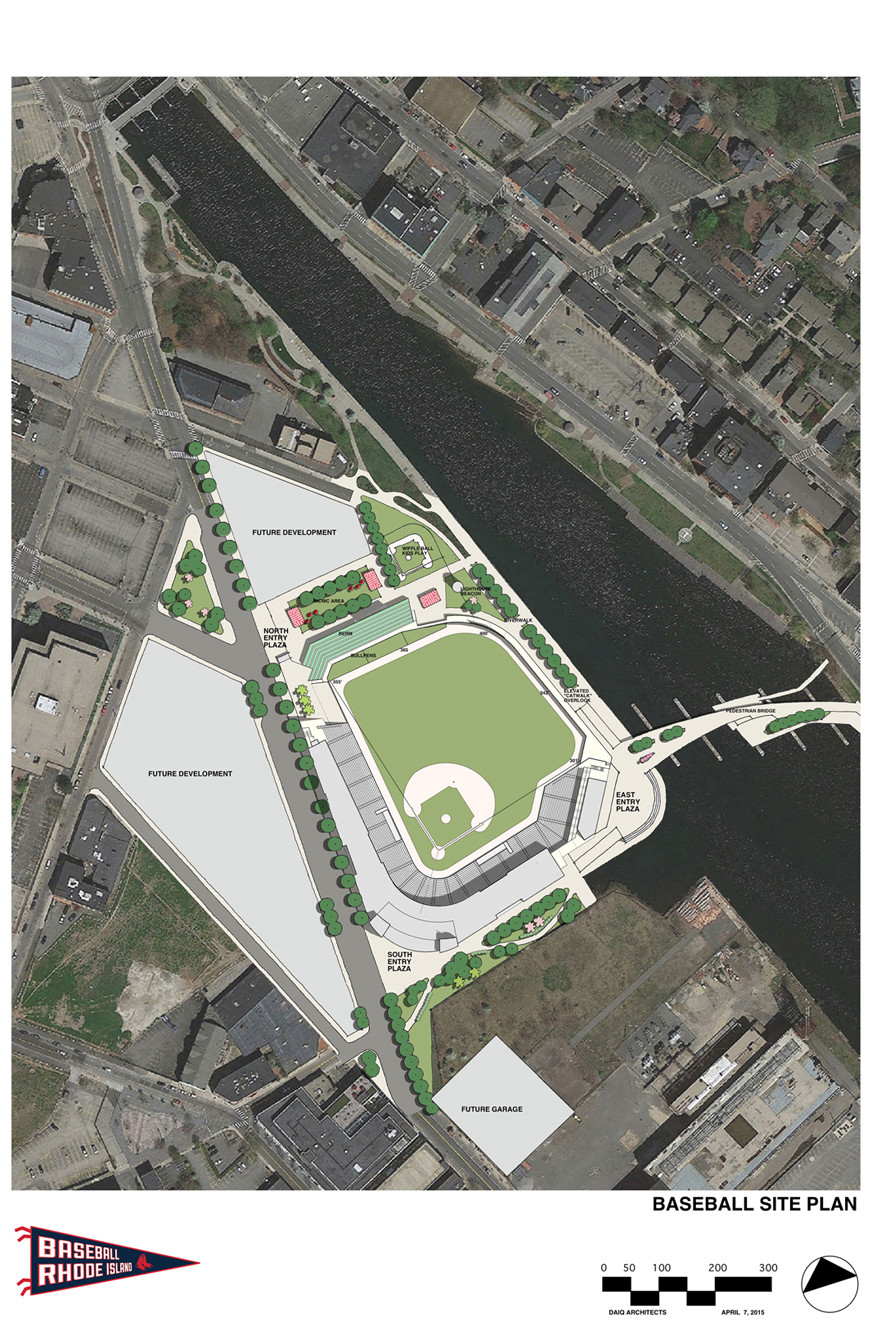 A SITE PLAN FOR THE new Pawtucket Red Sox stadium being proposed for downtown Providence, which would include a significant portion of the land opened for development by the relocation of Interstate 195. / COURTESY DAIQ & POPULOUS