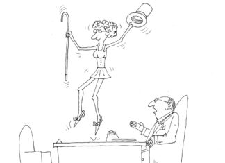 Editorial Cartoon: Song & Dance A company boss says, "If you'll please take your seat, Miss Wilkins, we'll got on with your performance review," while she performs a song and dance on his desk with a cane and top hat. / By Edgar Argo / www.artizans.com