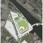 A COMBINATION OF A SATELLITE IMAGE and architectural renderings show where the Pawtucket Red Sox want to put the new stadium in Providence. / COURTESY PBC ASSOCIATES