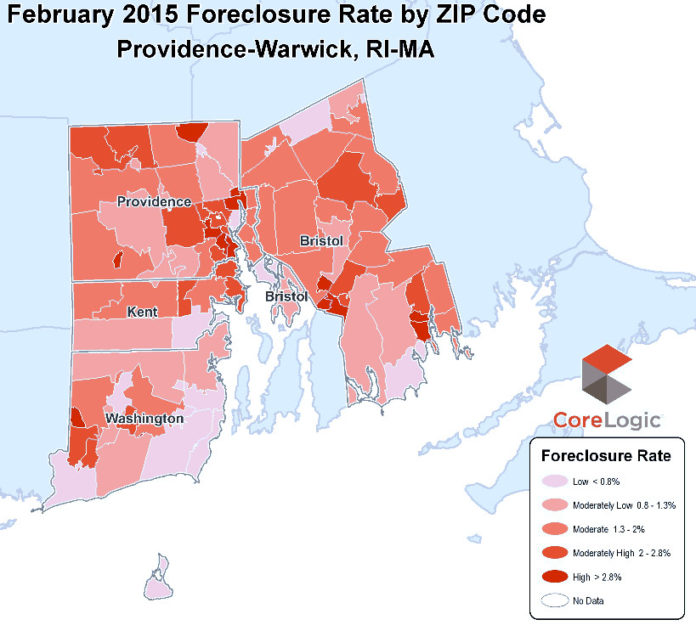 FORECLOSURE RATES declined year over year by two-tenths of a percentage point in February in the Providence-Warwick metropolitan area, according to data released Thursday by CoreLogic. / COURTESY CORELOGIC