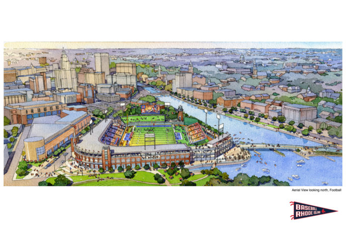 AN AERIAL VIEW OF THE proposed Pawtucket Red Sox stadium in downtown Providence. / COURTESY DAIQ AND POPULOUS
