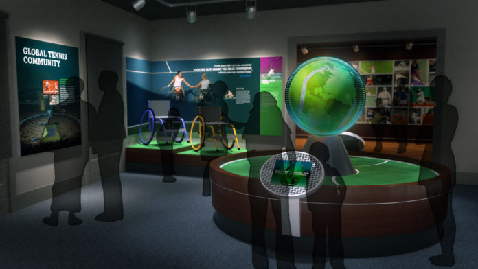 NEW INTERACTIVE EXHIBITS will greet visitors to the International Tennis Hall of Fame when it re-opens May 20 after a $3 million renovation. Among the new features is a globe that highlights the worldwide nature of the game. / COURETESY INTERNATIONAL TENNIS HALL OF FAME