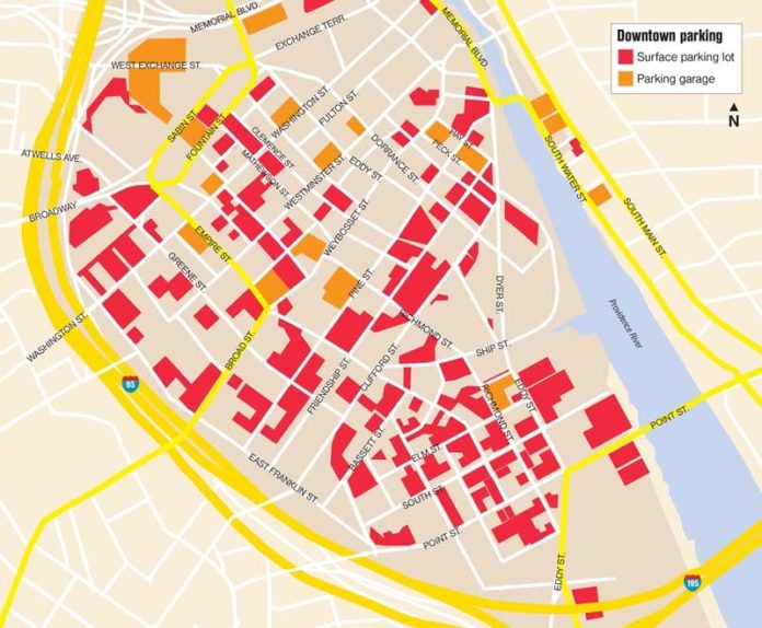 TAKING UP SPACE? A rendering showing downtown Providence's 70 acres of surface parking lots and its garages. / PBN ILLUSTRATION/DON LANDGREN JR.