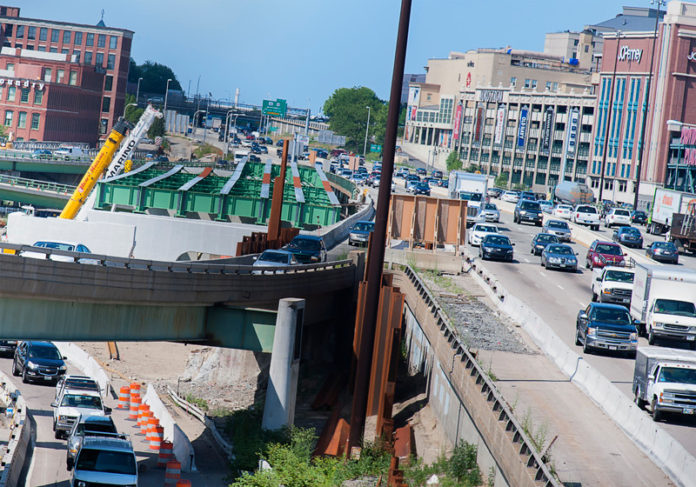 CONSTRUCTION IS SHOWN on the Providence Viaduct at the Atwells Avenue bridge. Rhode Island ranked 49th among the states and the District of Columbia for its lack of construction job growth in April.  / PBN FILE PHOTO/MICHAEL SALERNO